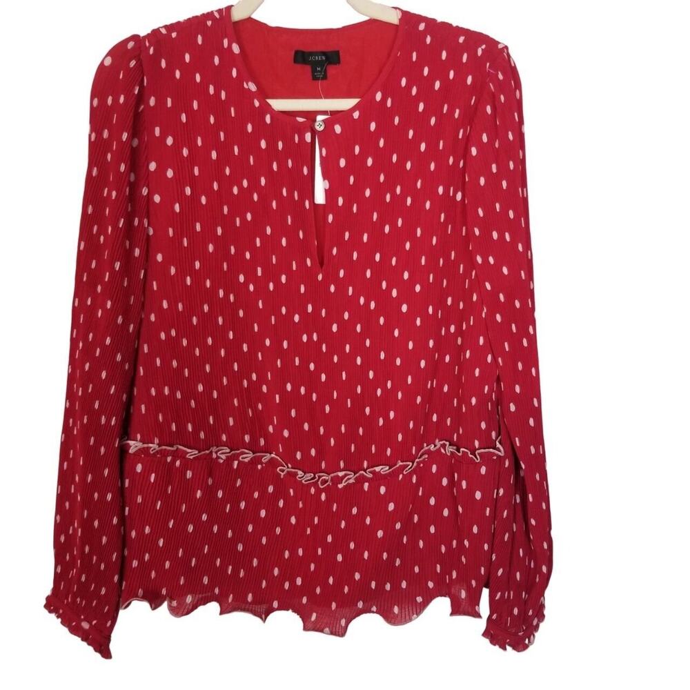 J. Crew Womens Pinch Pleat Polka Dot Blouse Sz M Ruffle Trim Peplum Hem Classic